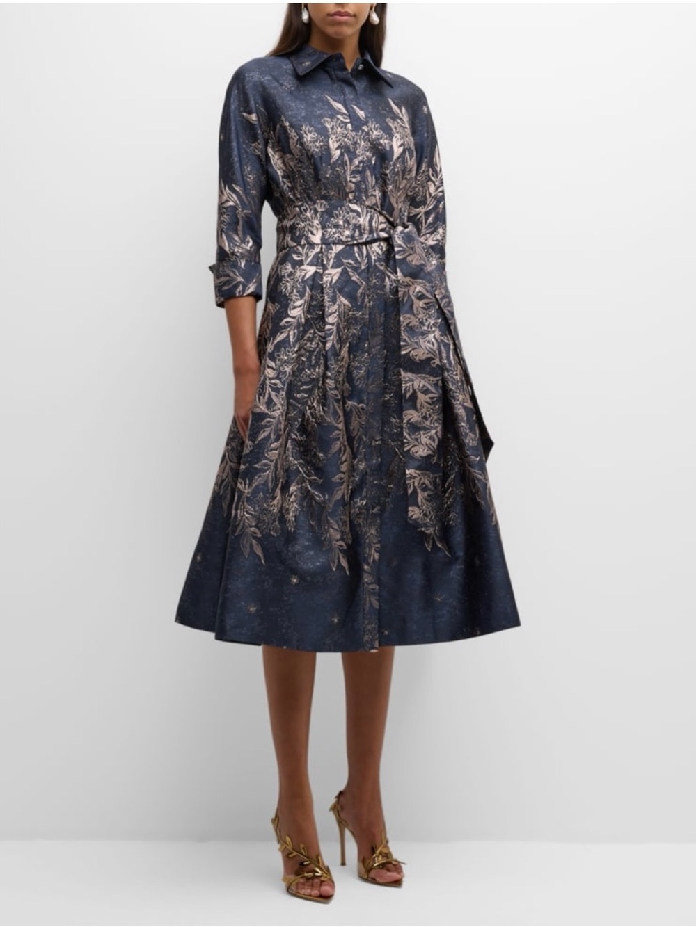 Teri Jon Black Dress with Gold Botanical Print and Tie Waist